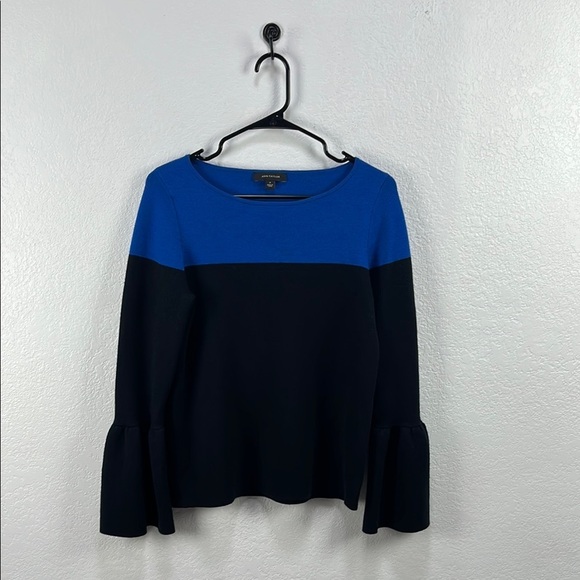 Ann Taylor Women’s Blue and Black Colorblock Sweater Long Bell Sleeves Sz M Chic - Picture 1 of 8